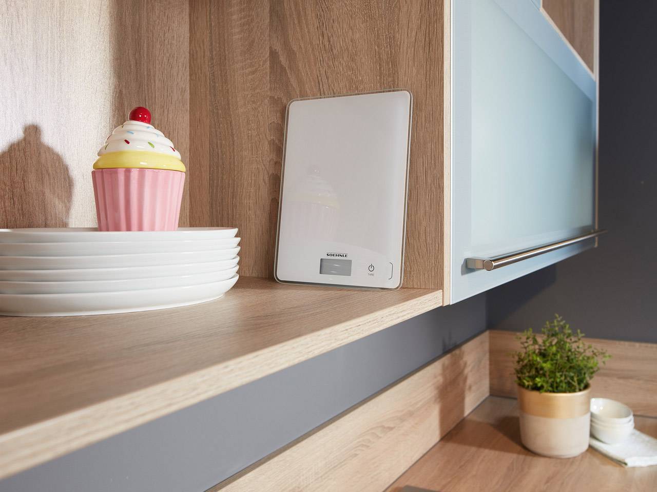 Kitchen scene with a digital scale on a wooden shelf, beside a small plant pot and a stack of plates with a decorative muffin design.