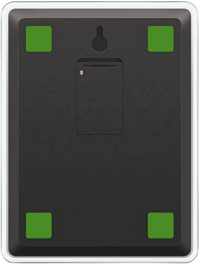 Back of a black frame with four green, square feet and a central opening for wall mounting.