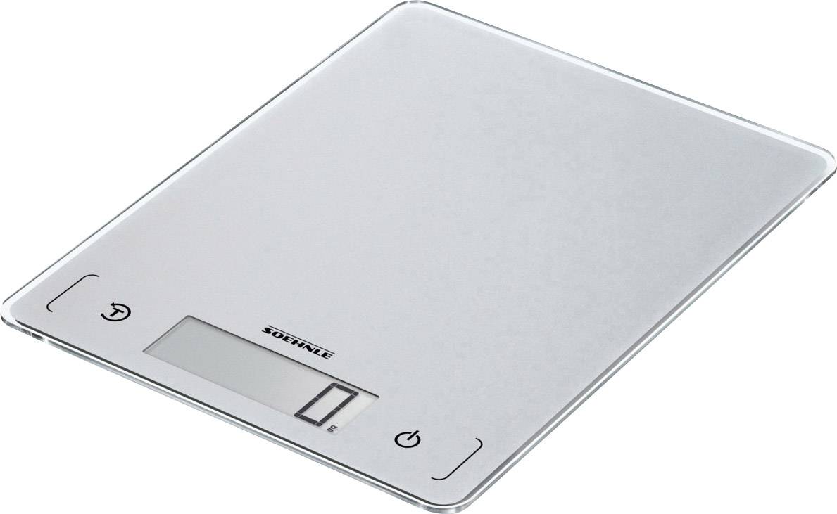 Digital kitchen scales in silver with a display showing '0 g' and two buttons, one for switching on and off.
