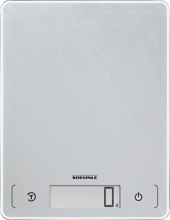 Digital kitchen scales in silver with display and two buttons.