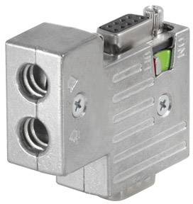 Metal D-Sub connector with two cable clamps, silver-coloured, with expansion strip pattern and colour indicators for status.