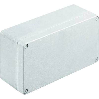 Rectangular grey metal enclosure with rounded edges, secured by screws at each corner. Suitable for electronic components.