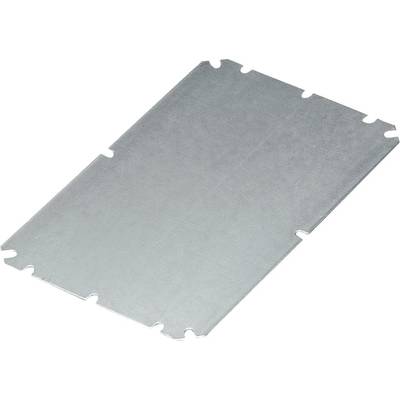 A rectangular metal plate with rounded corners and eight evenly distributed notches along the sides.