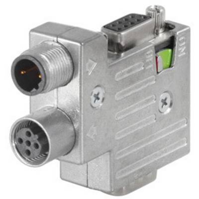 Silver adapter with two connector ports and green LED light. Used for data communication in technical applications.