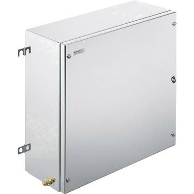 Metal electrical enclosure with a glossy surface, wall-mounting brackets, and a small connection point at the bottom.