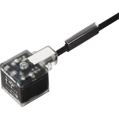 A square sensor with a transparent housing and black cable. The sensor displays technical symbols and the Weidmüller brand.