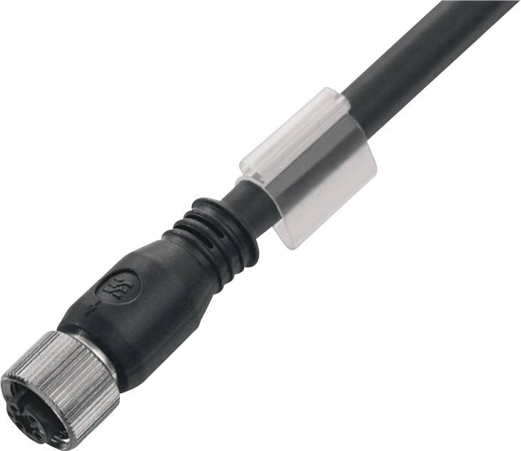 A black cable with a round metal plug and a plastic cap in the middle, used for technical connections.
