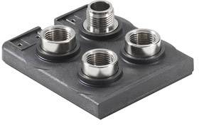 Four round metal threads on a black square base, arranged in a square formation. Purpose unclear, likely a technical component.