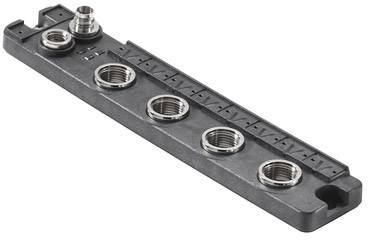 A rectangular black distributor with six metallic connection sockets mounted on it.