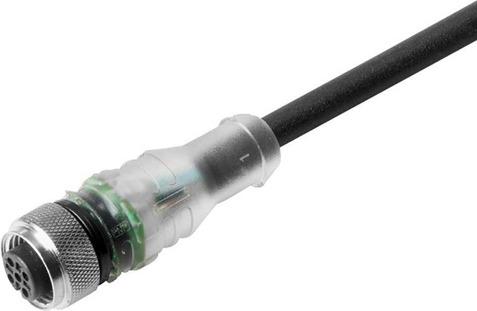 A black cable with a round, metallic plug, suitable for industrial applications, with a transparent sleeve at the connector.