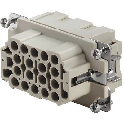 A rectangular, multipole connector with metal mounting brackets and multiple round connection apertures. Used in electrical applications.