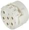 A white, round plastic plug with six numbered connection holes arranged in a circle.