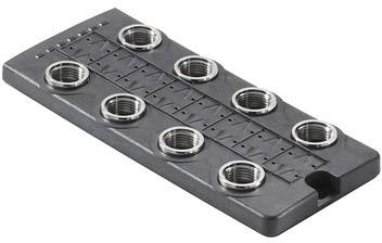 Black plastic plate with eight metal threads, symmetrically arranged. Used for securing or connecting hoses or cables.