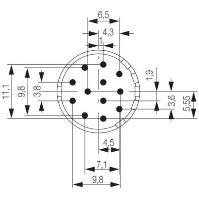 Technical drawing of a round connector with dimensions in millimetres, showing hole diameter, spacing and overall diameter.