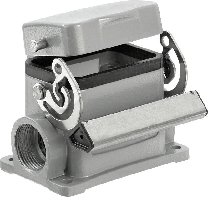 Grey, rectangular metal electrical enclosure with an open lid and side mounting screws. Suitable for cable connections.