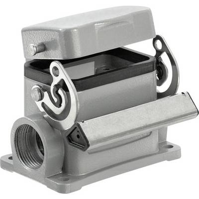 Grey, rectangular metal electrical enclosure with an open lid and side mounting screws. Suitable for cable connections.