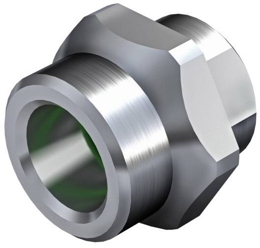 A metallic pipe fitting, cylindrical with an internal thread, shown from an angled perspective.