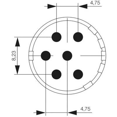Technical drawing of a round plug with five contacts arranged in a circular pattern. Dimensions: diameter 8.23 mm, spacing 4.75 mm.