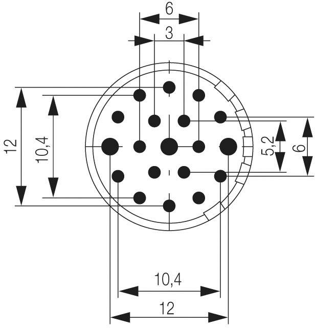 Technical drawing of a circular connector with 19 pins. Diameter, spacings, and contact positions are marked.