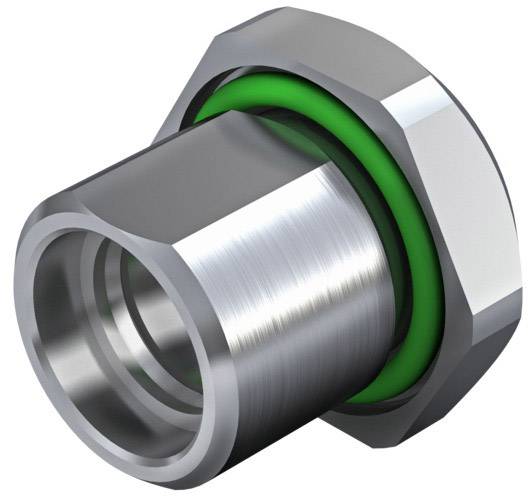 Metallic pipe fitting with a green sealing ring, shown from the side, focusing on the seal integrity and material composition.
