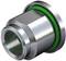 Metal pipe connector with a green sealing ring, used for sealing connections in piping systems.