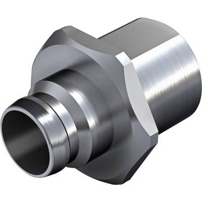 A metal pipe fitting with a hexagonal head and smooth, cylindrical ends, demonstrates a technical machine component for piping systems.