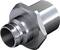 A metal pipe fitting with a hexagonal head and smooth, cylindrical ends, demonstrates a technical machine component for piping systems.