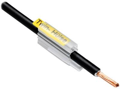 A black cable with exposed copper wires at one end. The cable has a transparent holder with the inscription 'Twin sleeve'.