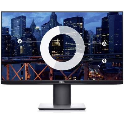 A monitor displays a pie chart brochure with three segments representing percentages: 65%, 80%, and 34% against a city skyline.