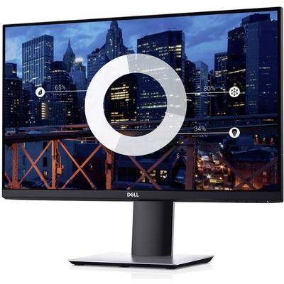A computer screen displays a dashboard over a night-time city view with illuminated skyscrapers. A large ring diagram overlays the image, showing three percentage figures of 65%, 80%, and 34%.