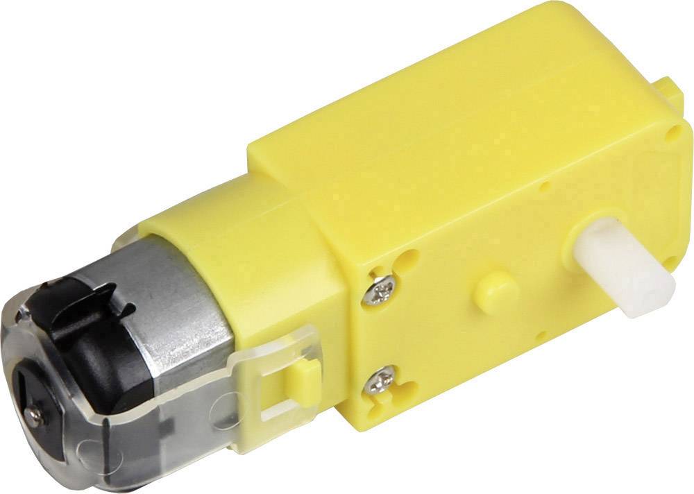 Yellow DC geared motor with rectangular housing and white drive shaft, suitable for robotics projects and low-power applications.