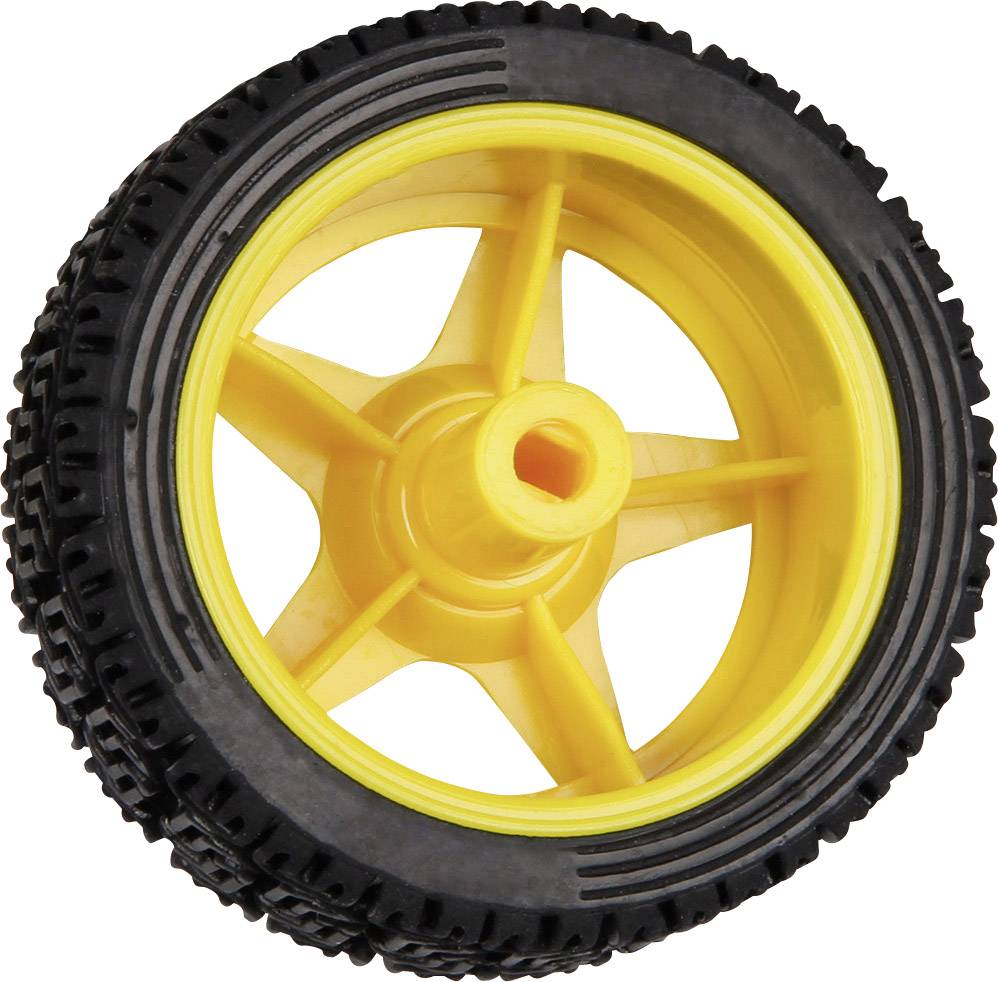 Yellow plastic wheel with five spokes, surrounded by a black tyre with deep tread. Suitable for model vehicles or robots.
