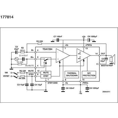 'Electronic circuit diagram of an amplifier with the TDA7294. Components and their connections are shown in detail, including resistors, capacitors, and supply voltages.'