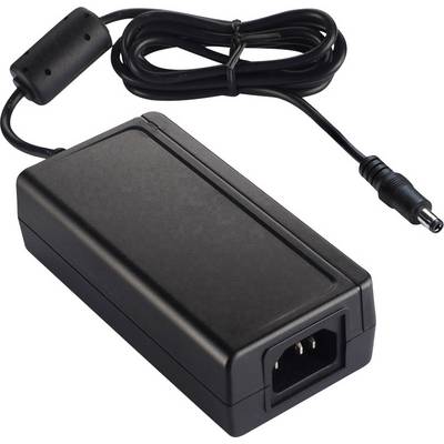 Glossy black power supply with cable and plug, suitable for electronic devices.
