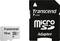 'Transcend' MicroSD card with 16 GB and corresponding card adapter. The card is white, the adapter is black.