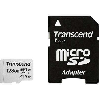 Small white microSD card with 'Transcend 128GB' printed on it next to a black SD adapter with 'microSD Adapter' written on it.