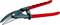 Metal shears with a red and black handle and spring mechanism, suitable for cutting thin metal sheets.