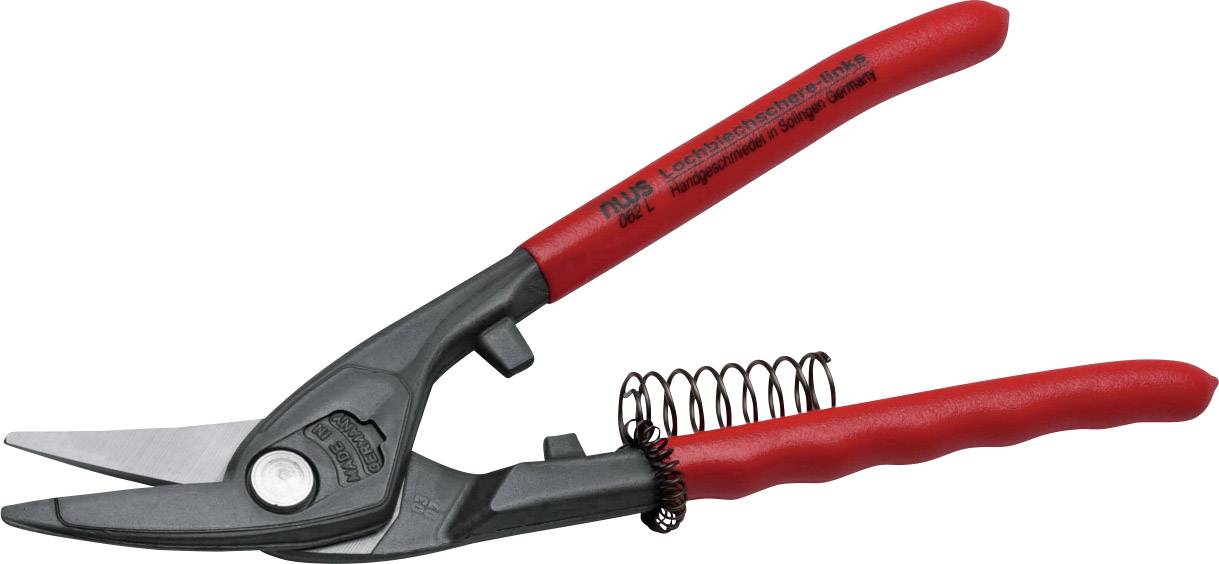 A red metal shears with black blades and a spring between the handles, suitable for cutting thin metal.