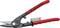A red metal shears with black blades and a spring between the handles, suitable for cutting thin metal.