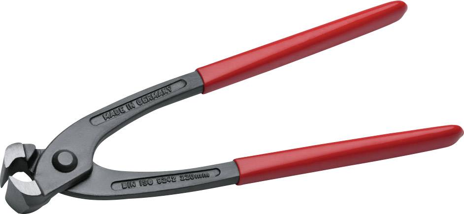 A pair of red-handled wire cutters, a tool used for cutting binding wire, typically employed in construction or for repair work.