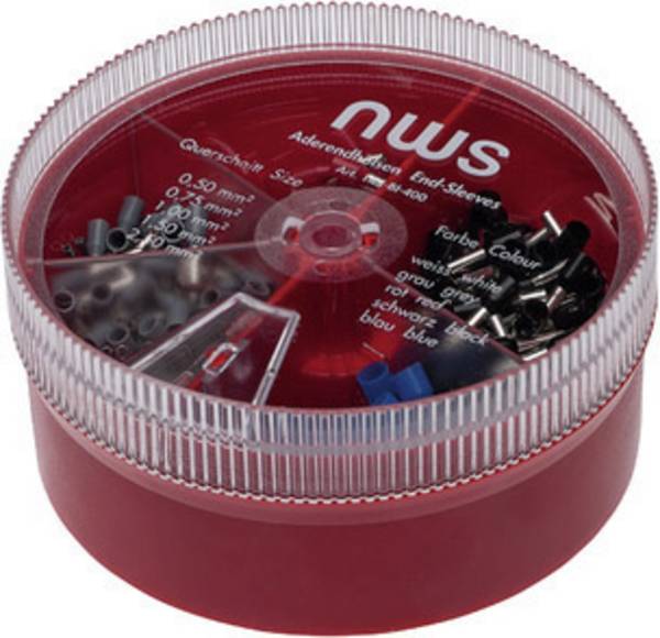 NWS 144-BI-400 Ferrule set 0.5 mm², 0.75 mm², 1 mm², 1.5 mm², 2.5 mm² Partially insulated Blue, Grey, Black, White, Red 400 pc(s) Box