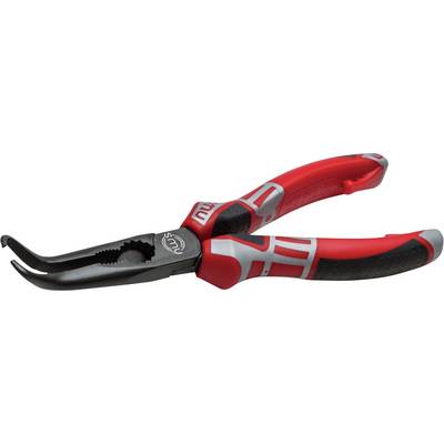 A red and black pair of pliers with curved tips, suitable for precision work.