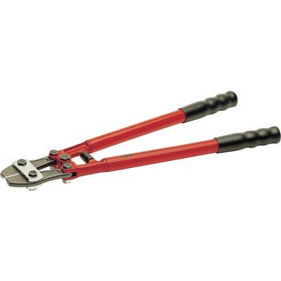 Bolt cutters with red handles on a white background. The tool is used for cutting thick metal rods.