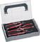 A set of five hand tools with red handles in a grey plastic case with a transparent lid, foam interior lining.