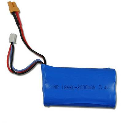 Lithium-ion battery with blue packaging, black and red cables, and the inscription 'INR 18650-2000mAh 7.4V'.