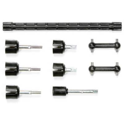 Several black plastic and metal components in various shapes and sizes, arranged in a flat view.