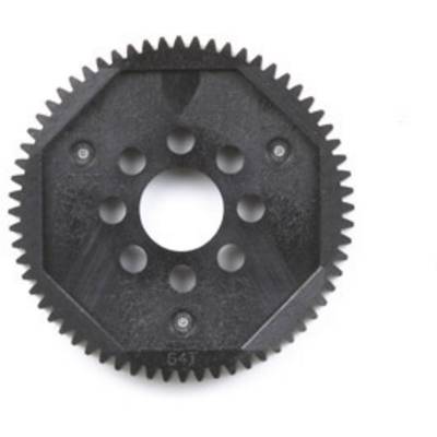 Black, octagonal gear wheel with a central hole and several small holes around the centre.