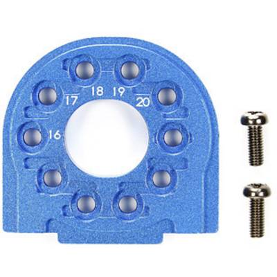 A blue, semi-circular metal part with numbers from 16 to 20 is shown on the left. Two screws are positioned next to it on the right.