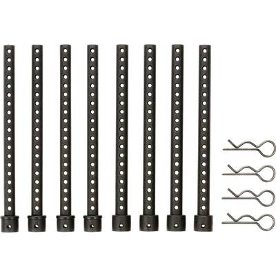 Eight black metal bars with regular holes, accompanied by five toggle clasps, grouped side by side on a white background.