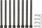 Eight black metal bars with regular holes, accompanied by five toggle clasps, grouped side by side on a white background.